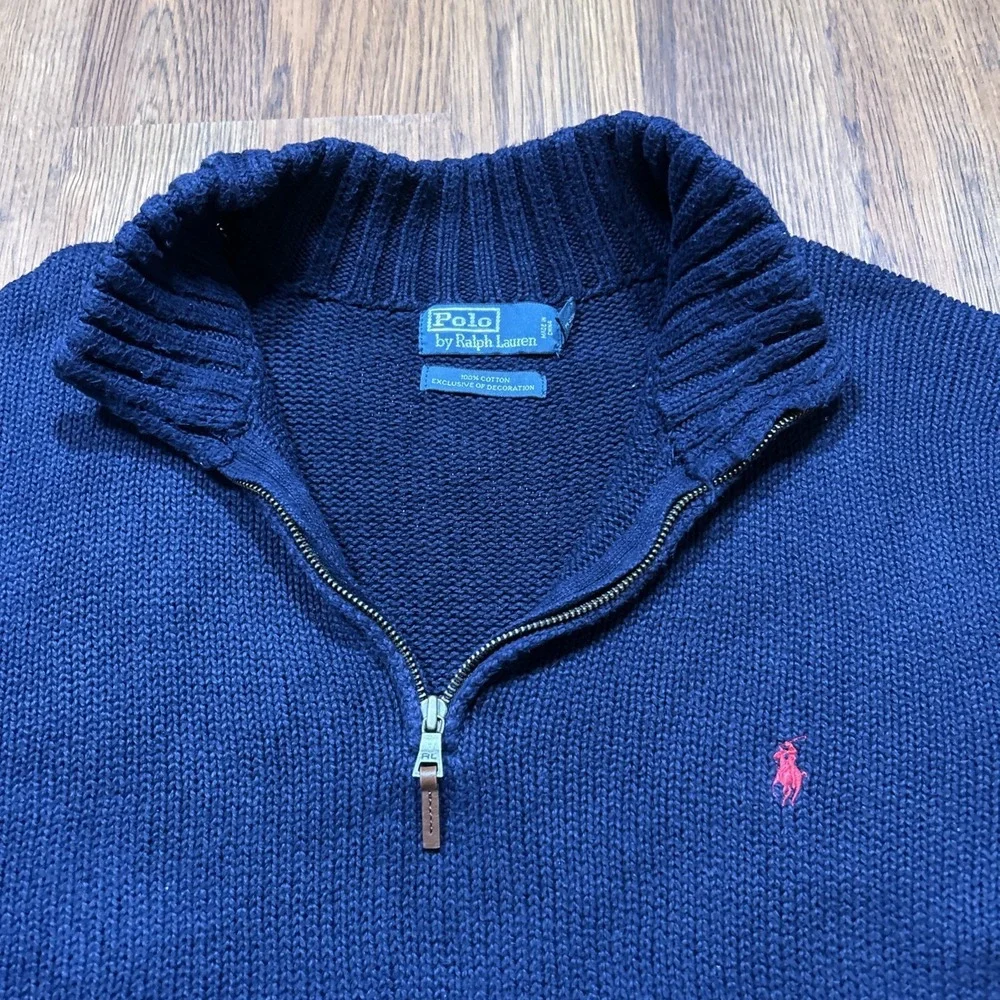 Polo Ralph Lauren Cotton Knit 1/4 Zip Navy Blue Sweater Men's Size 2XLT‎